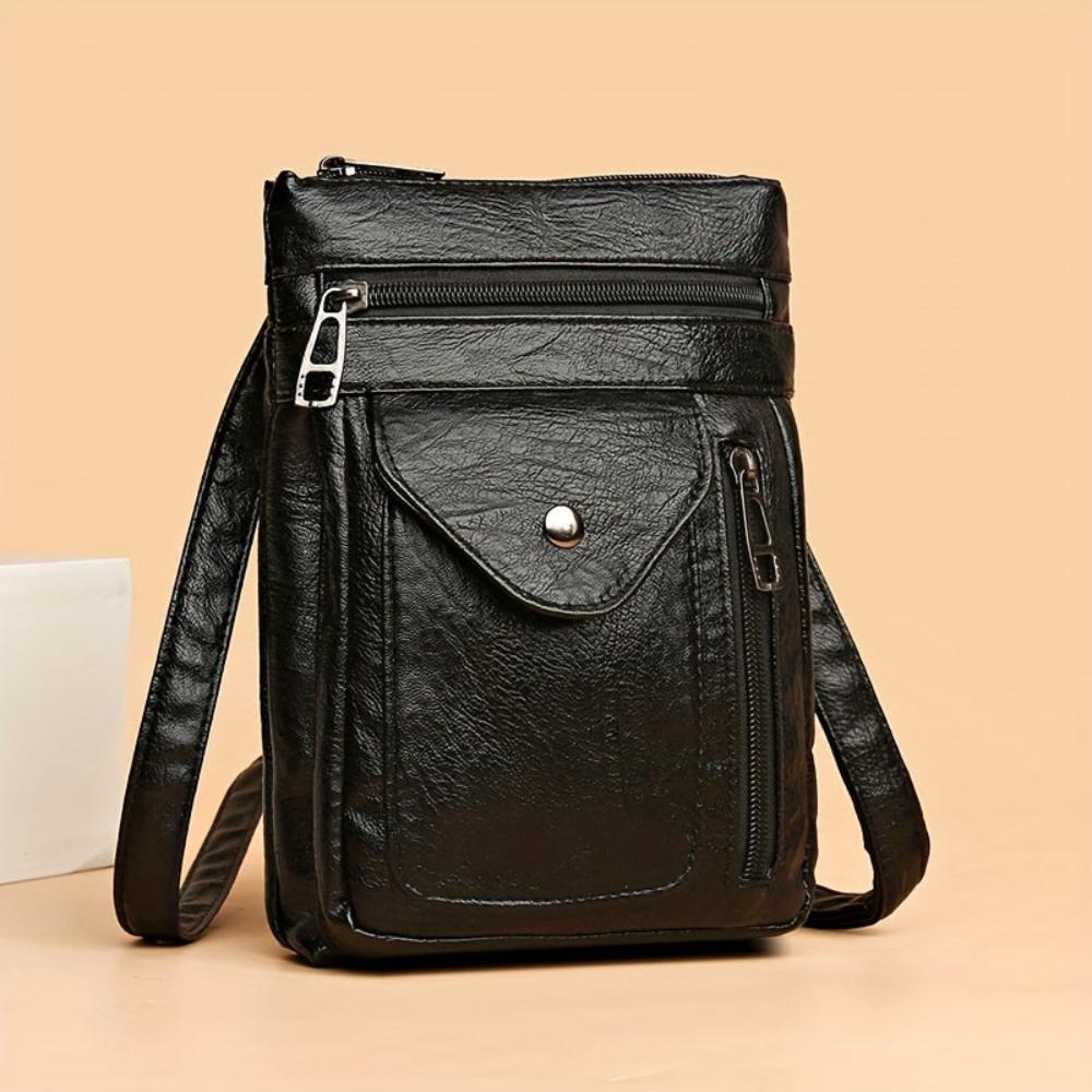 Women's Vintage Look Crossbody Bag – Slim Flap Pocket Shoulder Bag with Zip Compartments