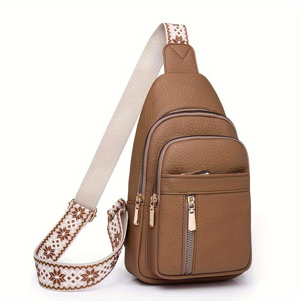 Women's Vintage Look Crossbody Sling Bag – Multi Pocket Chest Bag with Patterned Strap
