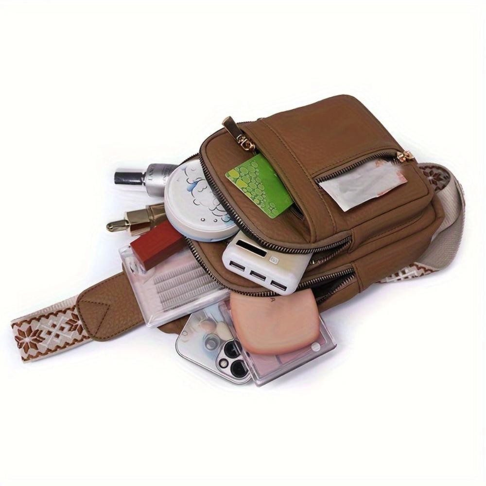 Women's Vintage Look Crossbody Sling Bag – Multi Pocket Chest Bag with Patterned Strap