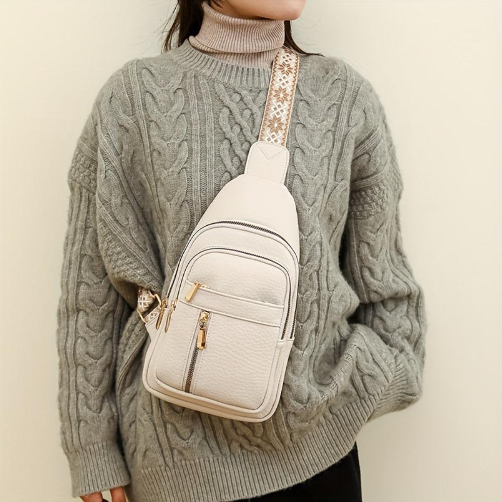 Women's Vintage Look Crossbody Sling Bag – Multi Pocket Chest Bag with Patterned Strap