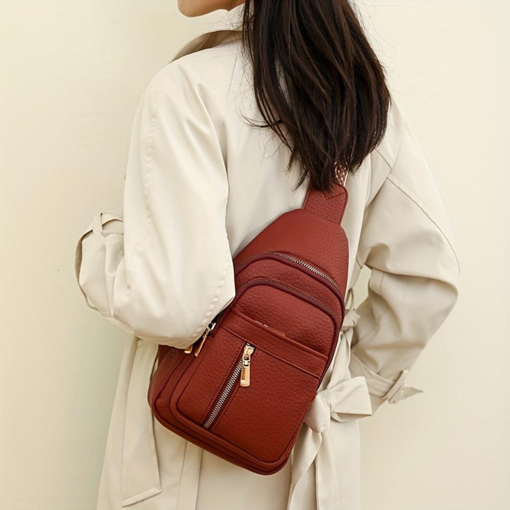Women's Vintage Look Crossbody Sling Bag – Multi Pocket Chest Bag with Patterned Strap