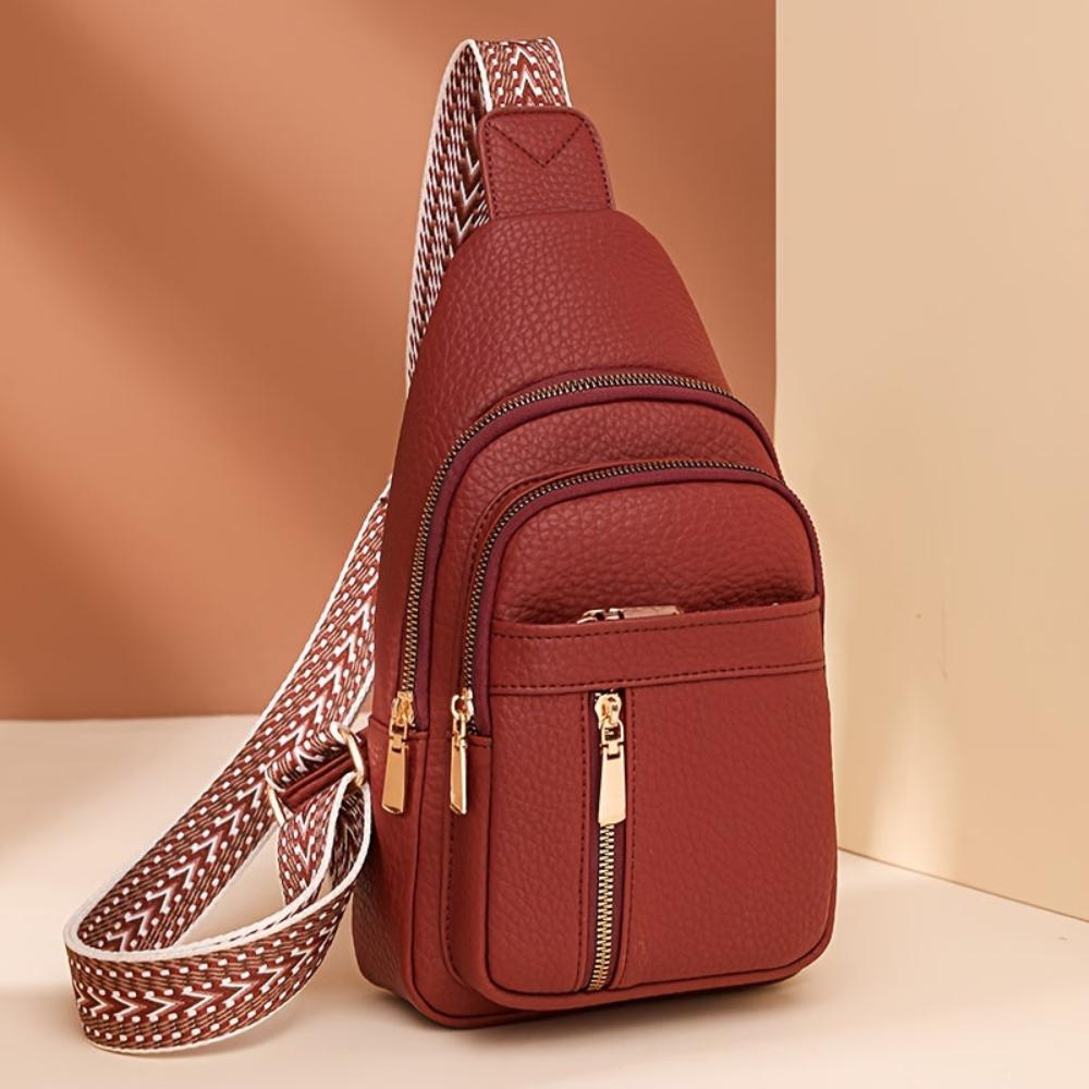 Women's Vintage Look Crossbody Sling Bag – Multi Pocket Chest Bag with Patterned Strap