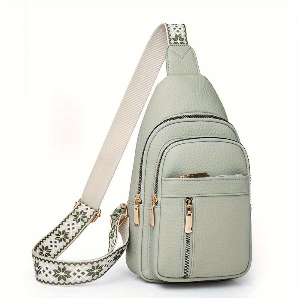 Women's Vintage Look Crossbody Sling Bag – Multi Pocket Chest Bag with Patterned Strap