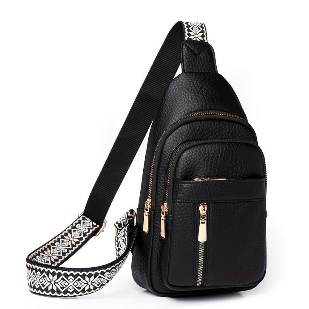 Women's Vintage Look Crossbody Sling Bag – Multi Pocket Chest Bag with Patterned Strap