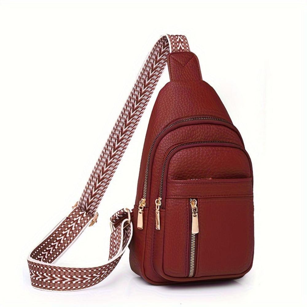Women's Vintage Look Crossbody Sling Bag – Multi Pocket Chest Bag with Patterned Strap