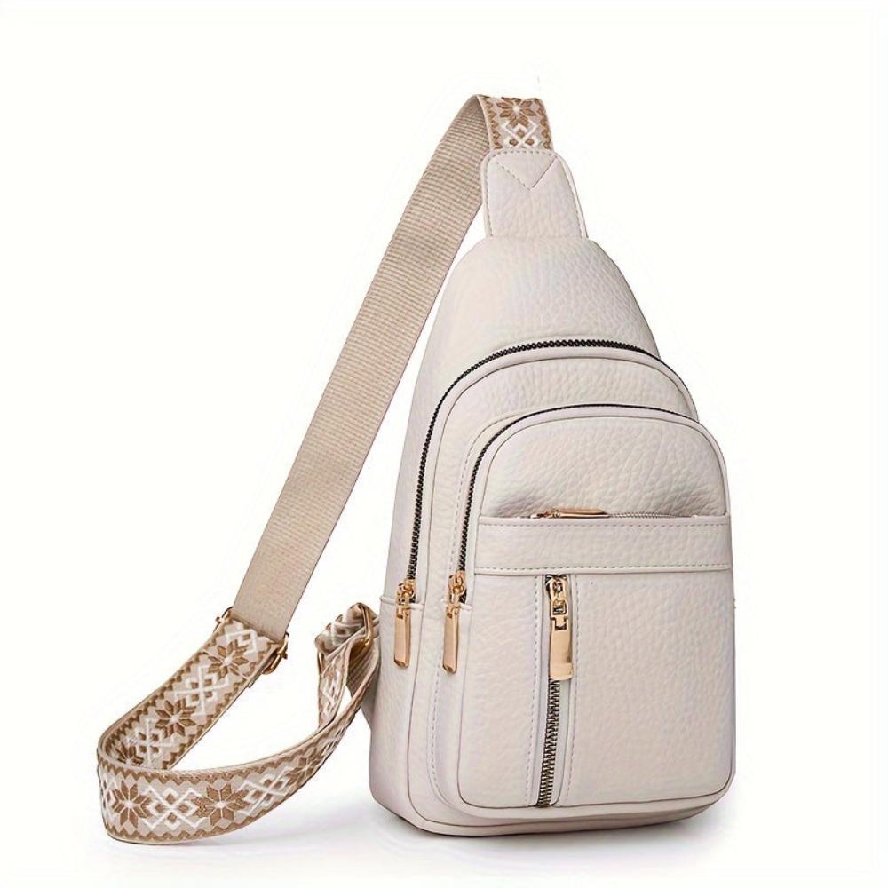 Women's Vintage Look Crossbody Sling Bag – Multi Pocket Chest Bag with Patterned Strap