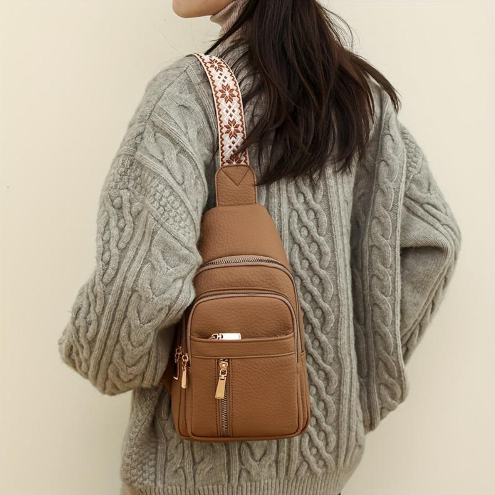 Women's Vintage Look Crossbody Sling Bag – Multi Pocket Chest Bag with Patterned Strap