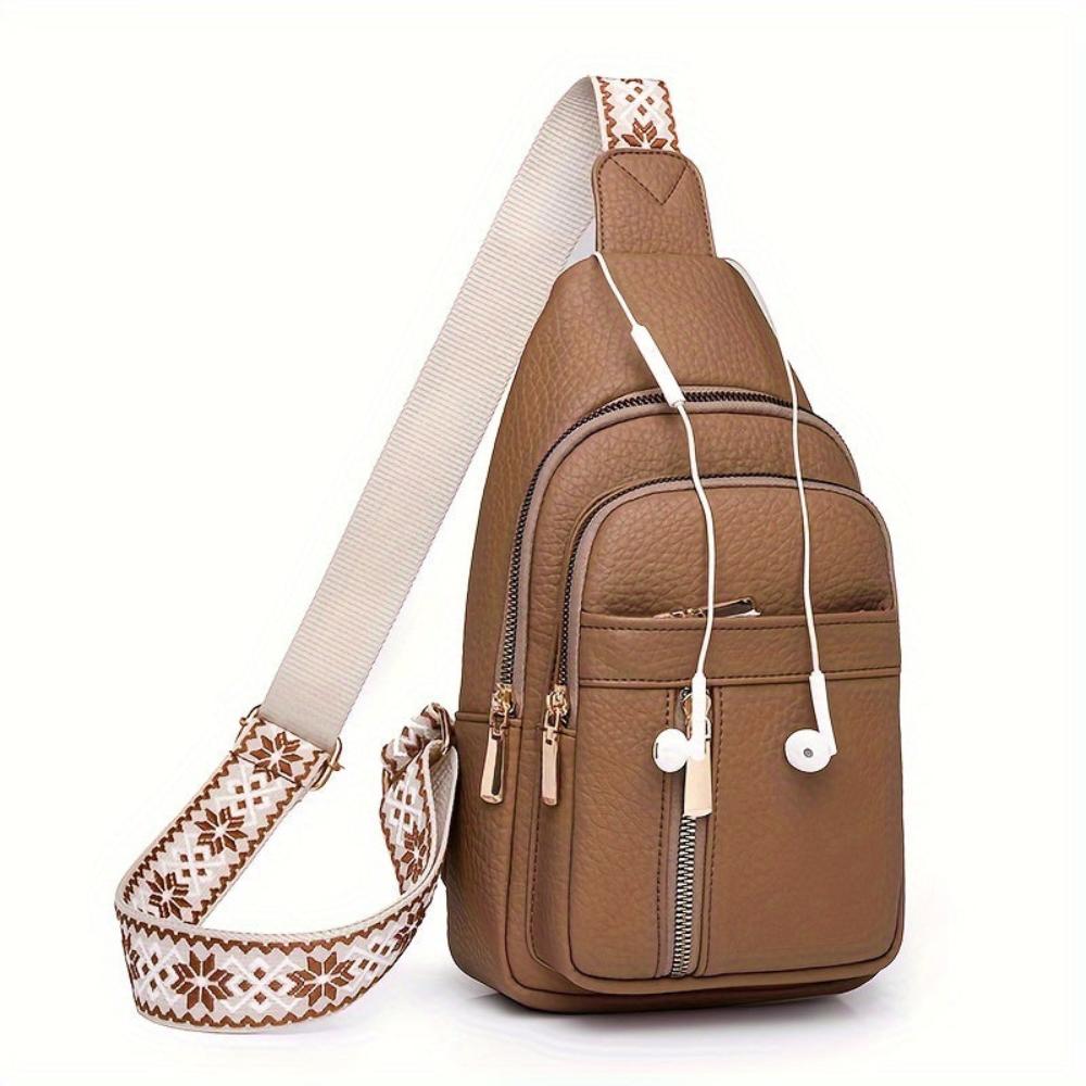 Women's Vintage Look Crossbody Sling Bag – Multi Pocket Chest Bag with Patterned Strap