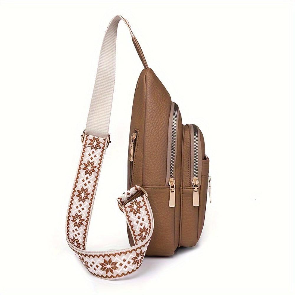 Women's Vintage Look Crossbody Sling Bag – Multi Pocket Chest Bag with Patterned Strap