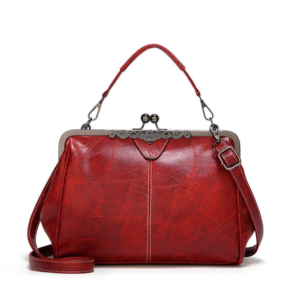Women's Vintage Look Kiss Lock Handbag – Framed Top Handle Crossbody Bag