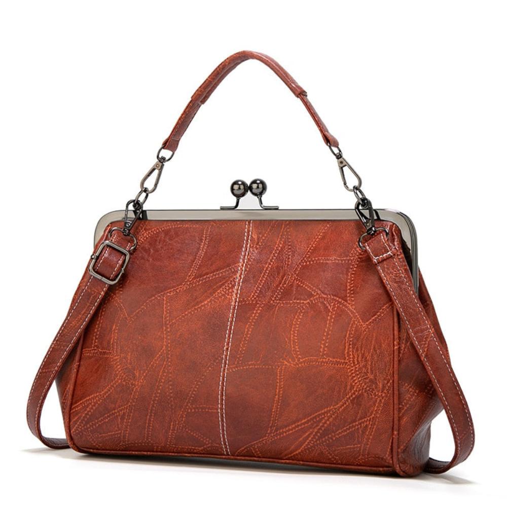 Women's Vintage Look Kiss Lock Handbag – Framed Top Handle Crossbody Bag