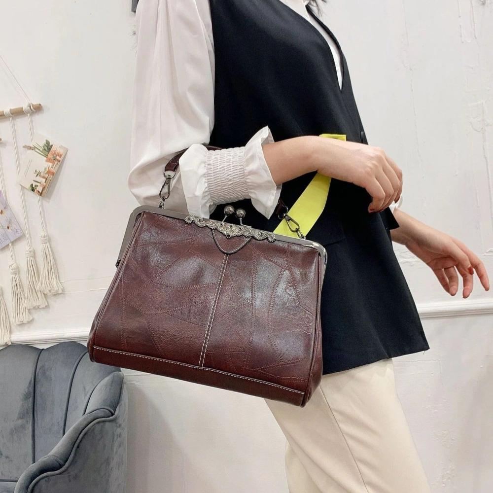 Women's Vintage Look Kiss Lock Handbag – Framed Top Handle Crossbody Bag