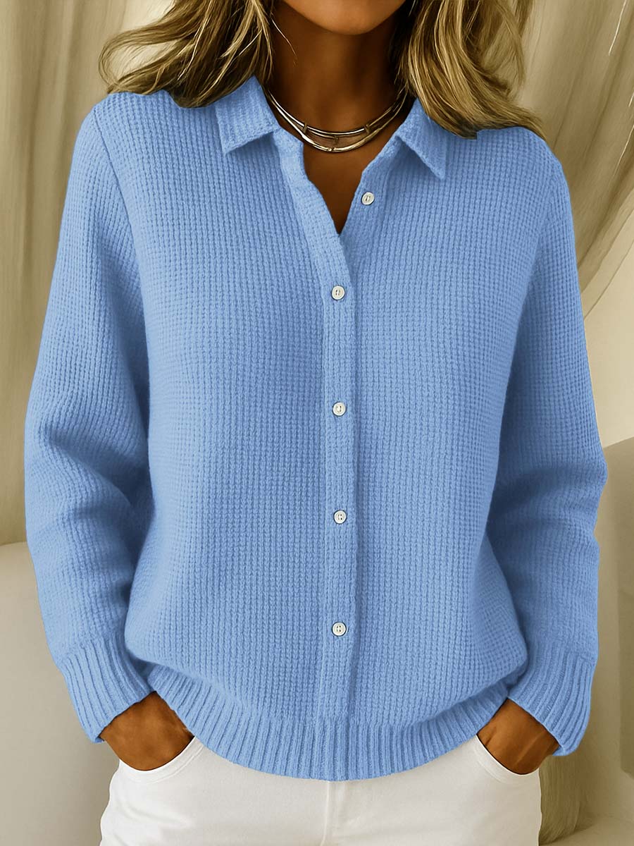 Women's Waffle Knit Button Up Collar Cardigan – Long Sleeve Shirt Style Knit