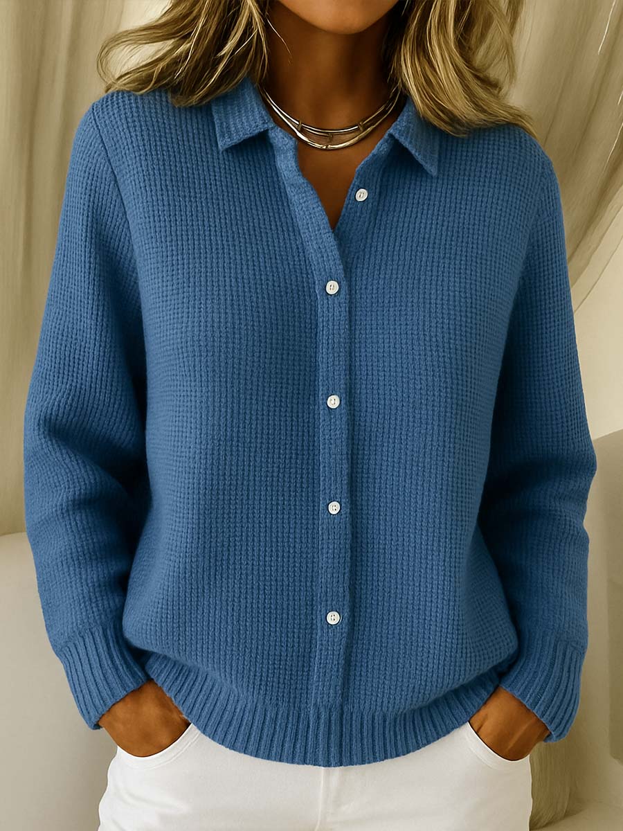 Women's Waffle Knit Button Up Collar Cardigan – Long Sleeve Shirt Style Knit
