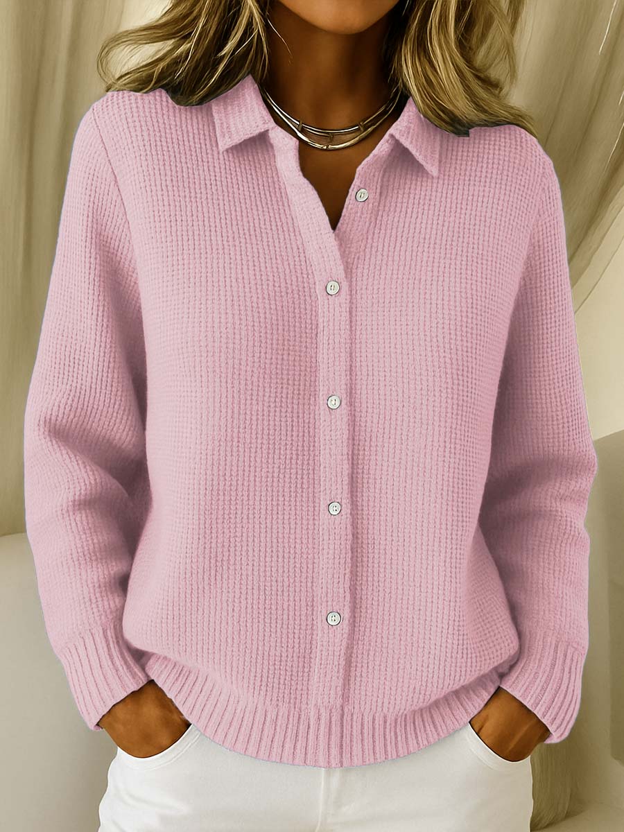 Women's Waffle Knit Button Up Collar Cardigan – Long Sleeve Shirt Style Knit