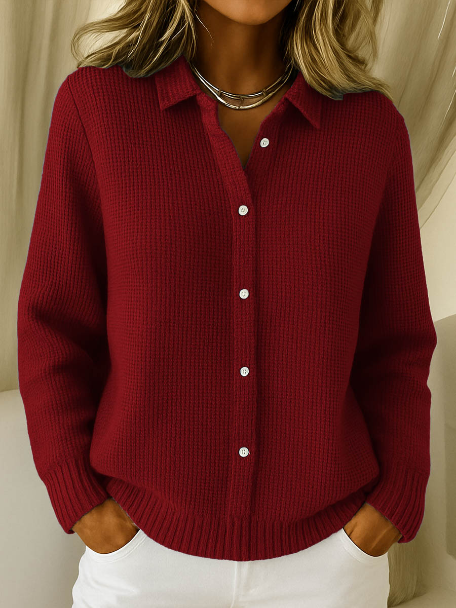 Women's Waffle Knit Button Up Collar Cardigan – Long Sleeve Shirt Style Knit