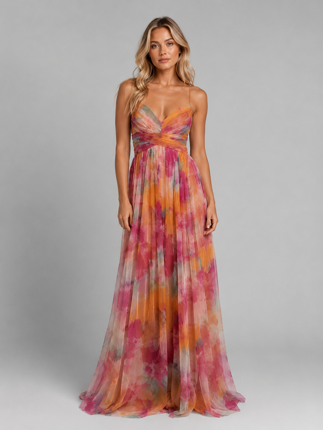 Women's Watercolour Floral Maxi Dress – V-Neck Lace-Up Back Pleated Occasion Dress