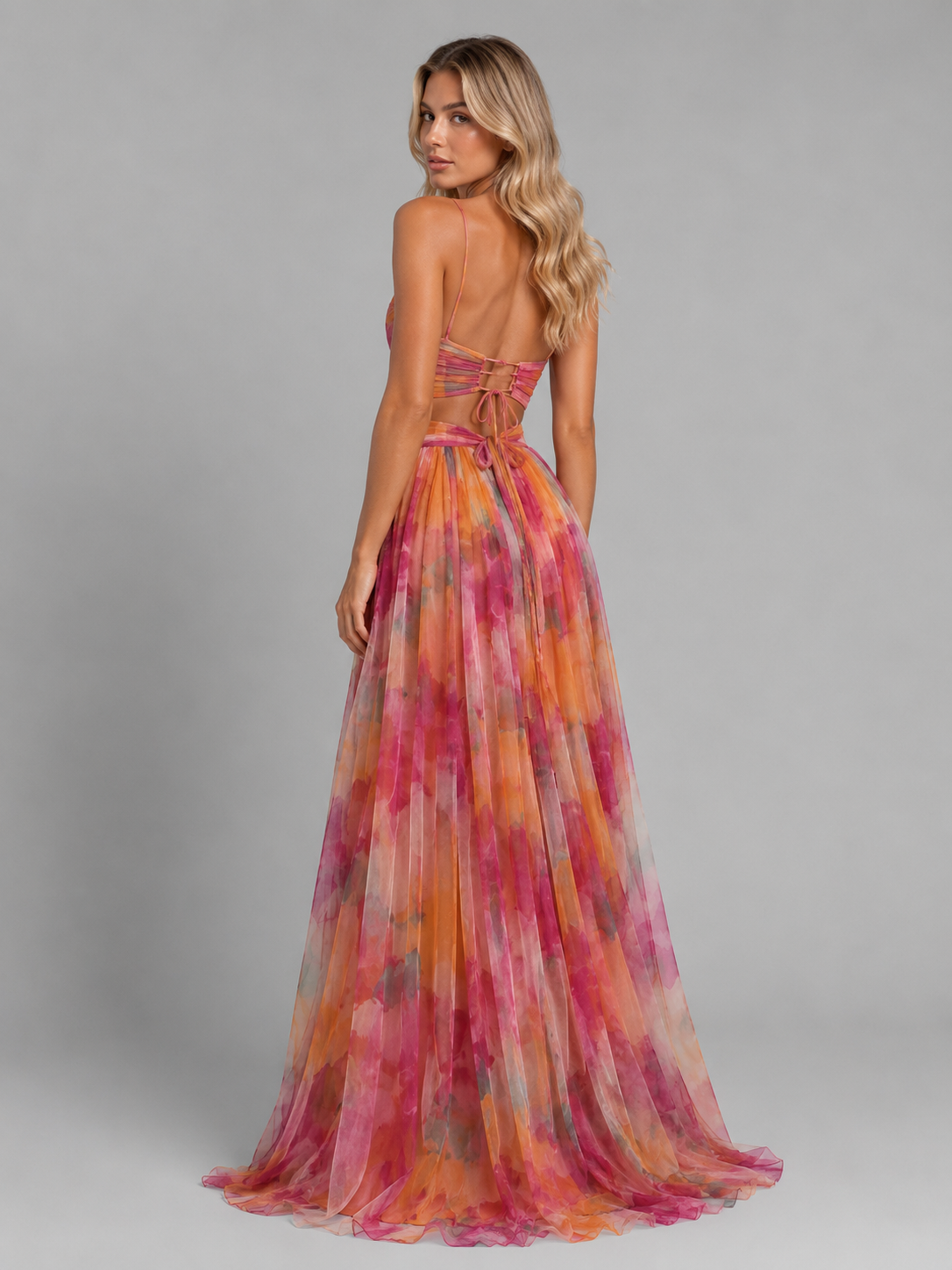 Women's Watercolour Floral Maxi Dress – V-Neck Lace-Up Back Pleated Occasion Dress