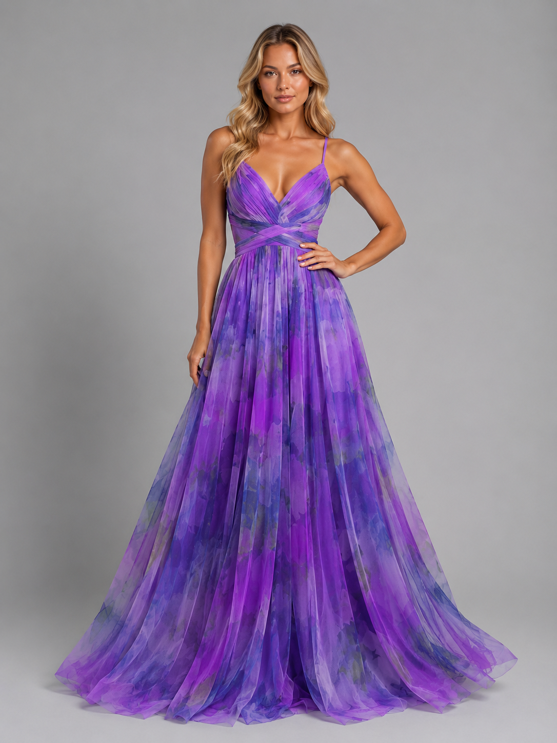 Women's Watercolour Floral Maxi Dress – V-Neck Lace-Up Back Pleated Occasion Dress