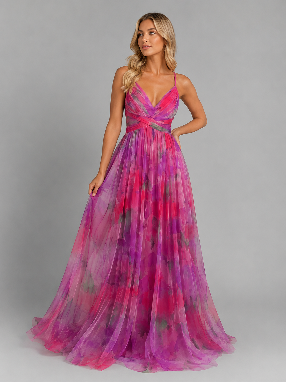 Women's Watercolour Floral Maxi Dress – V-Neck Lace-Up Back Pleated Occasion Dress