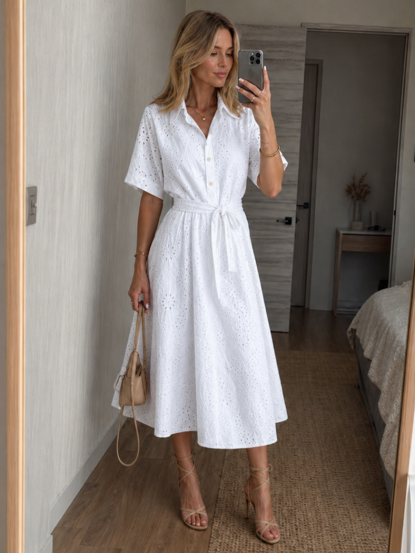 Women's White Broderie Shirt Midi Dress – Collared Tie Waist Short Sleeve Eyelet Dress