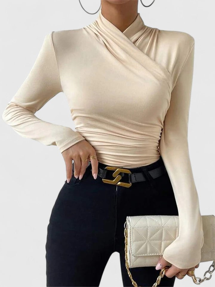 Women's Wrap Front Long Sleeve Top – Mock Neck Ruched Side Fitted Jersey Top