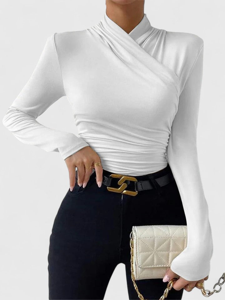 Women's Wrap Front Long Sleeve Top – Mock Neck Ruched Side Fitted Jersey Top