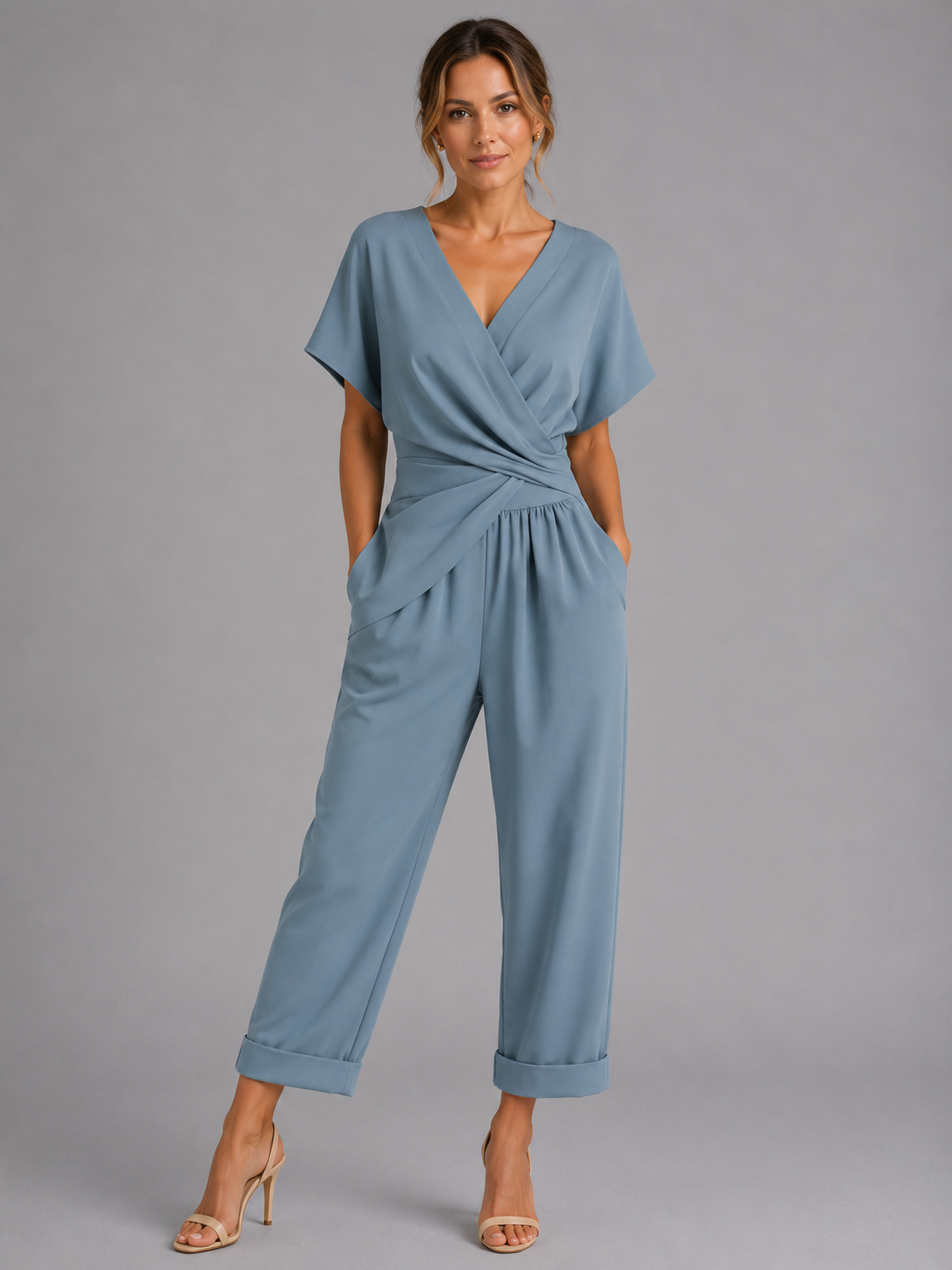 Women's Wrap Front Top & Cropped Wide Leg Trousers Co-Ord Set