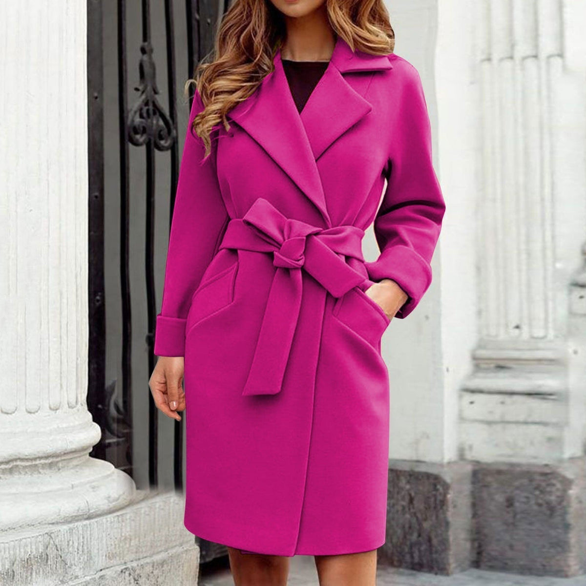 Kacob | Women's Wrap Trench Coat – Belted Wide Lapel Knee Length Coat