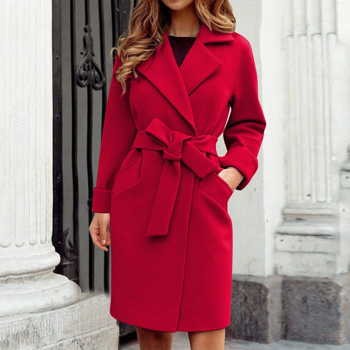 Kacob | Women's Wrap Trench Coat – Belted Wide Lapel Knee Length Coat