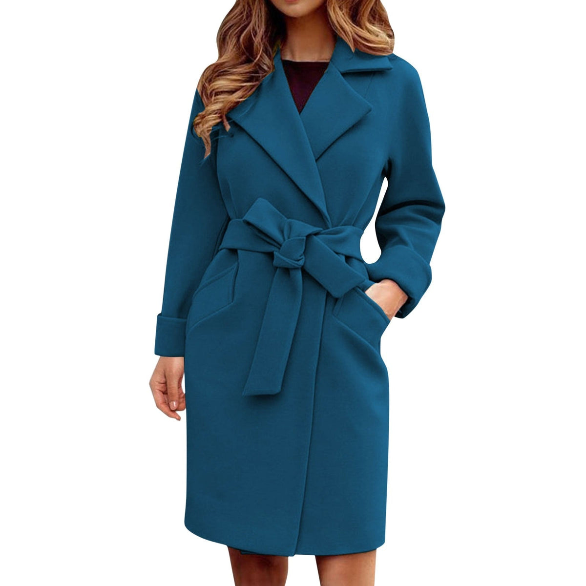 Kacob | Women's Wrap Trench Coat – Belted Wide Lapel Knee Length Coat