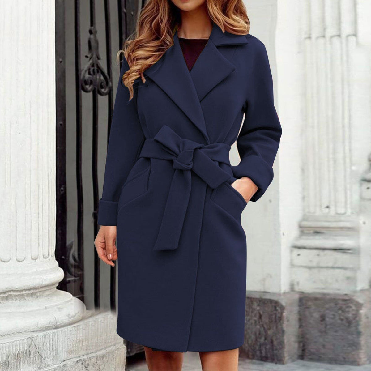 Kacob | Women's Wrap Trench Coat – Belted Wide Lapel Knee Length Coat