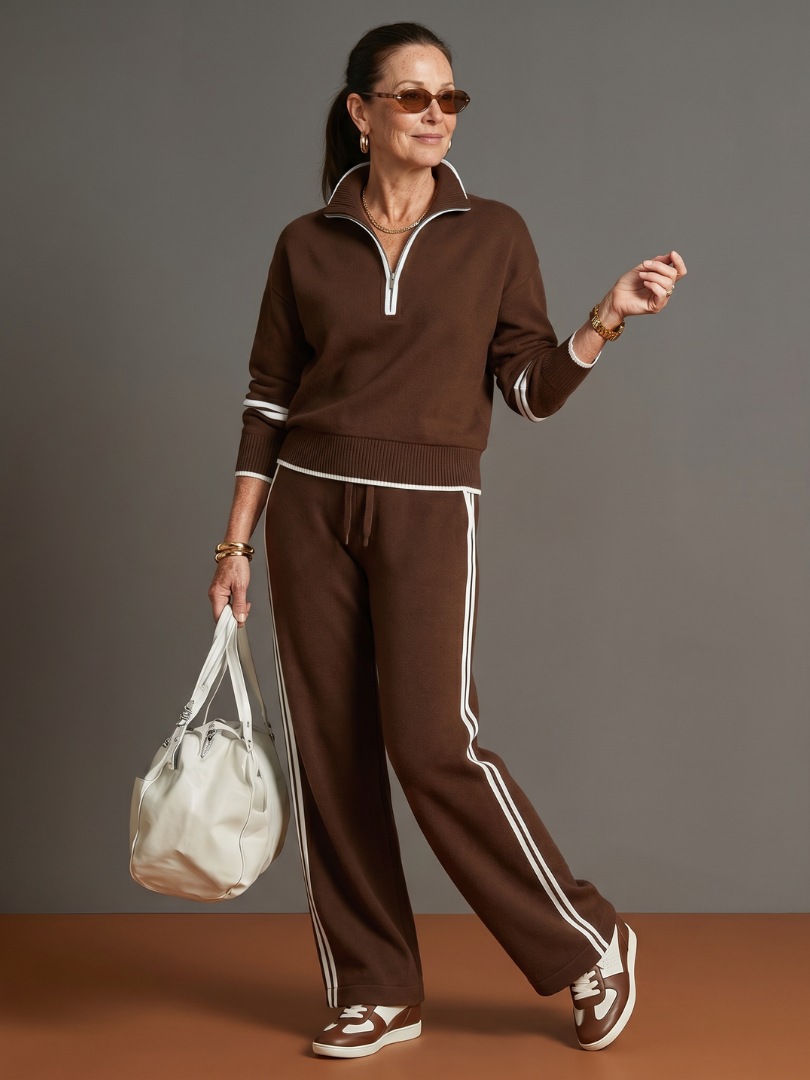 Kacob | Women's Zip Neck Knit Loungewear Set – Side Stripe Wide Leg Trouser Co-Ord