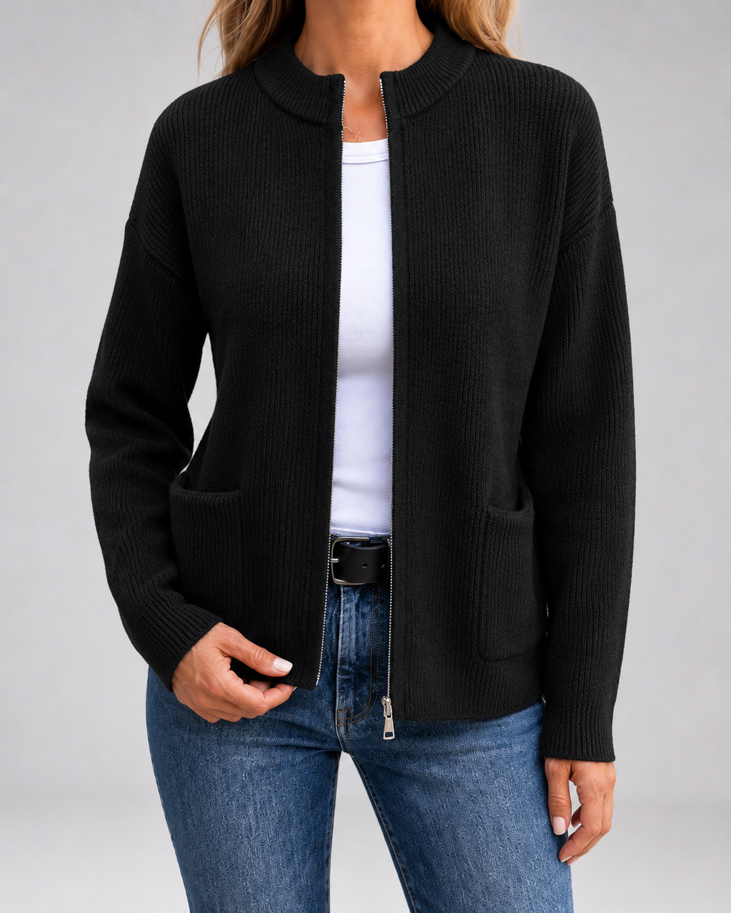 Women's Zip-Through Knit Cardigan with Patch Pockets