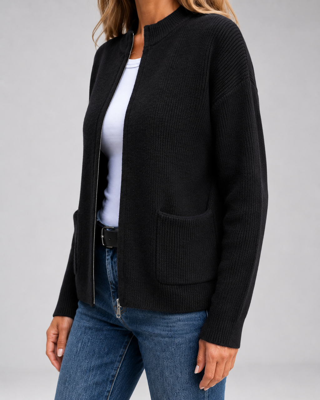 Women's Zip-Through Knit Cardigan with Patch Pockets