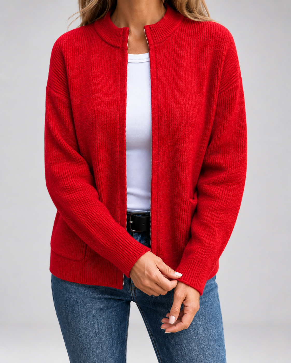 Women's Zip-Through Knit Cardigan with Patch Pockets