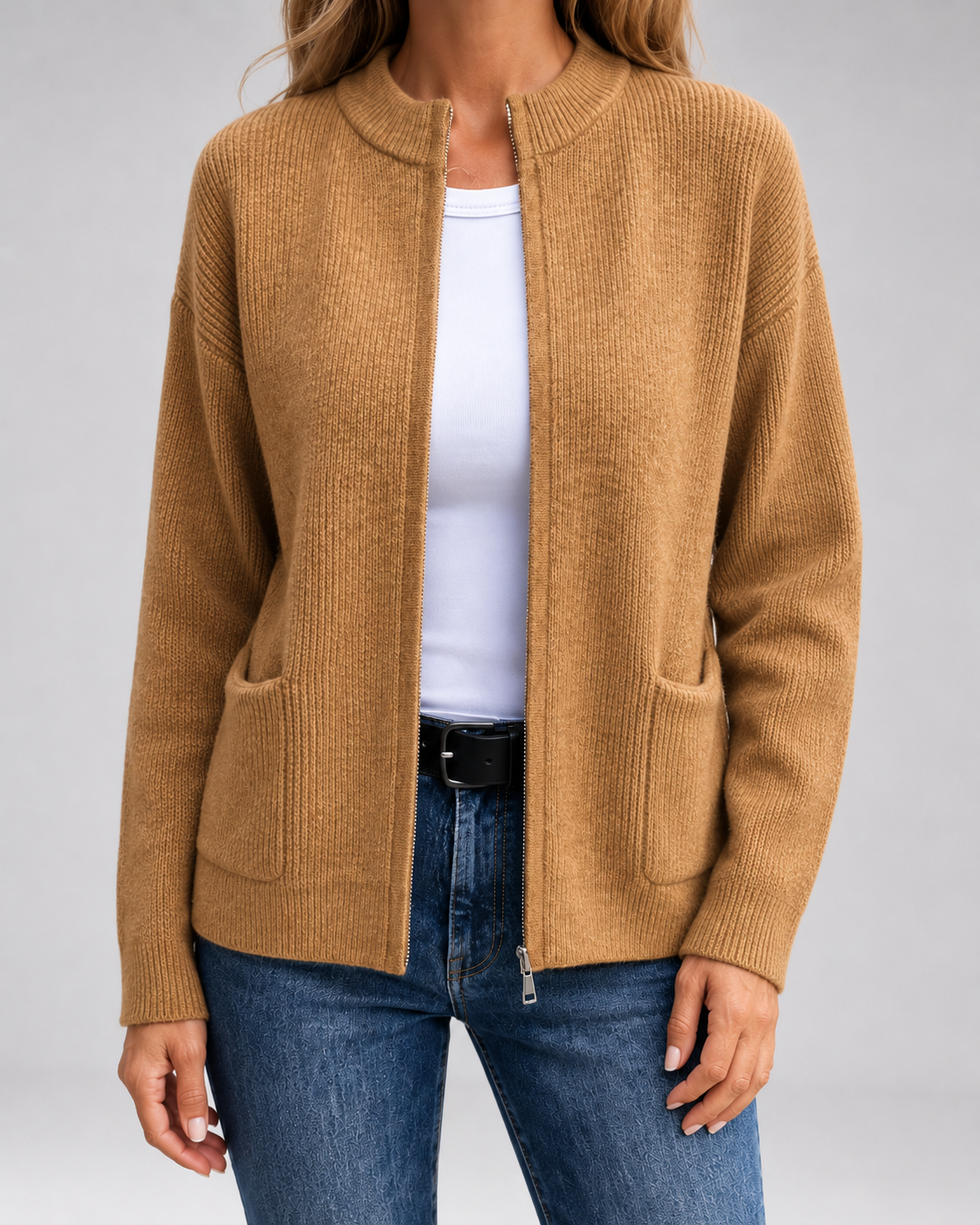 Women's Zip-Through Knit Cardigan with Patch Pockets