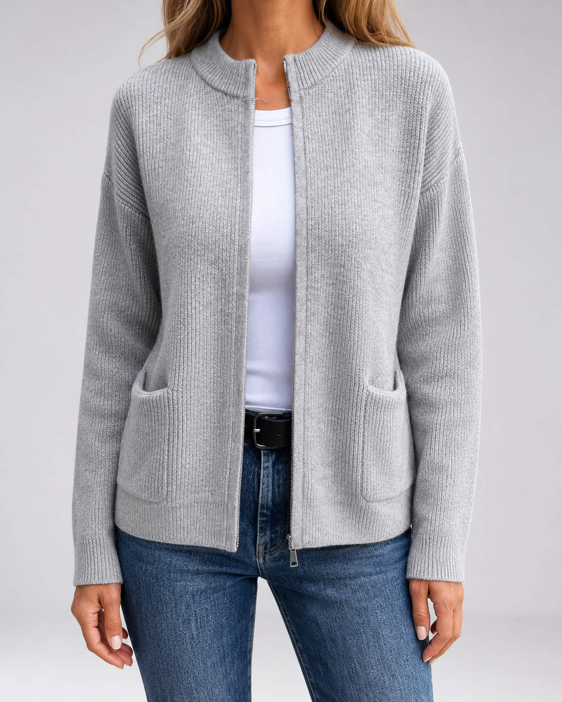 Women's Zip-Through Knit Cardigan with Patch Pockets