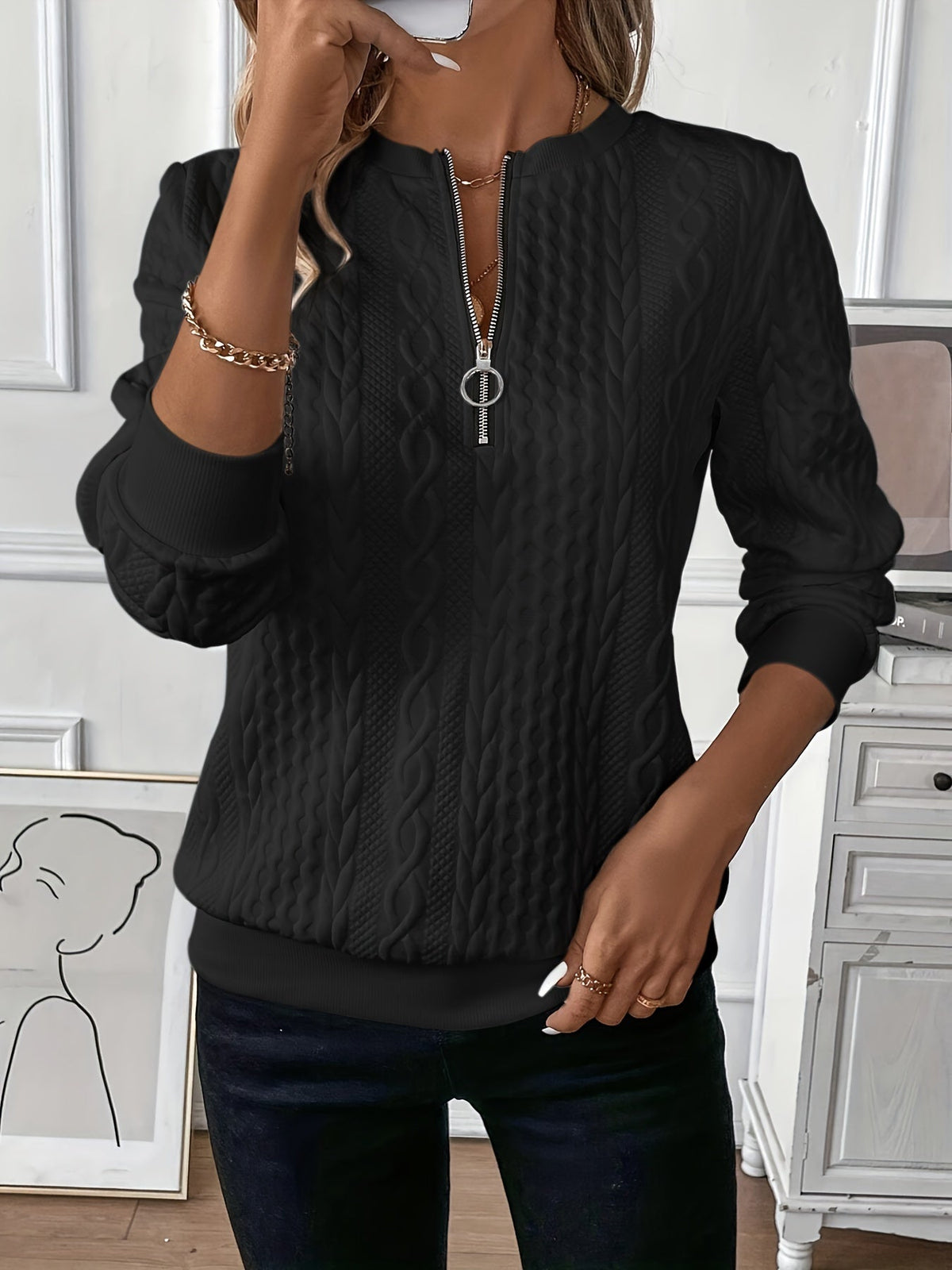 Kacob | Women's Zip Up Cable Knit Jumper – Relaxed Fit Ladies Knitwear