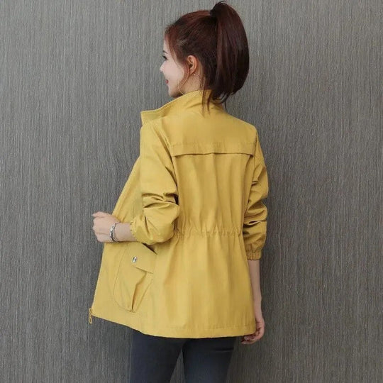 Women's Zip-Up Drawstring Waist Jacket – Stand Collar Utility Trench Jacket