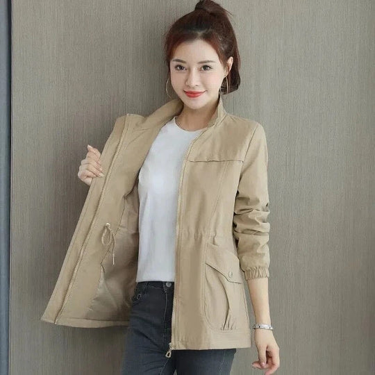 Women's Zip-Up Drawstring Waist Jacket – Stand Collar Utility Trench Jacket