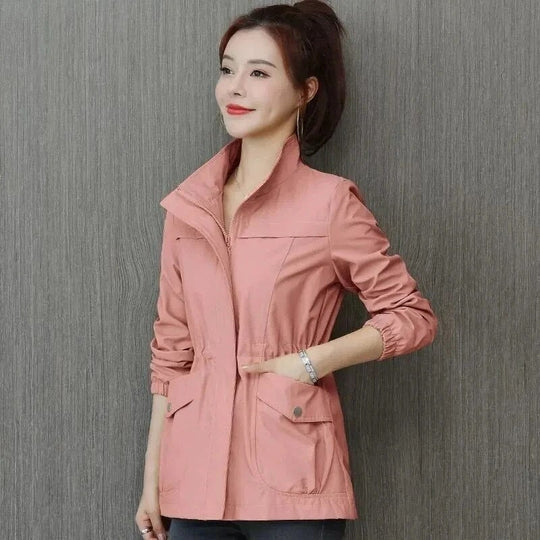 Women's Zip-Up Drawstring Waist Jacket – Stand Collar Utility Trench Jacket