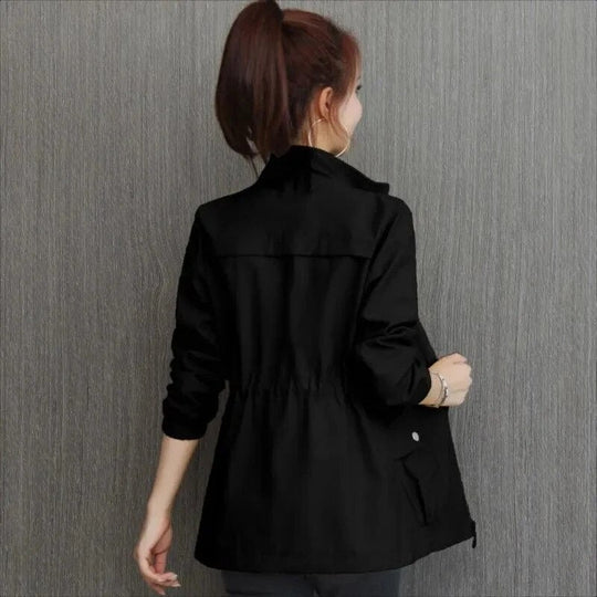 Women's Zip-Up Drawstring Waist Jacket – Stand Collar Utility Trench Jacket