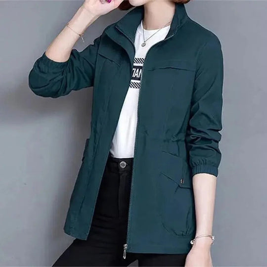 Women's Zip-Up Drawstring Waist Jacket – Stand Collar Utility Trench Jacket