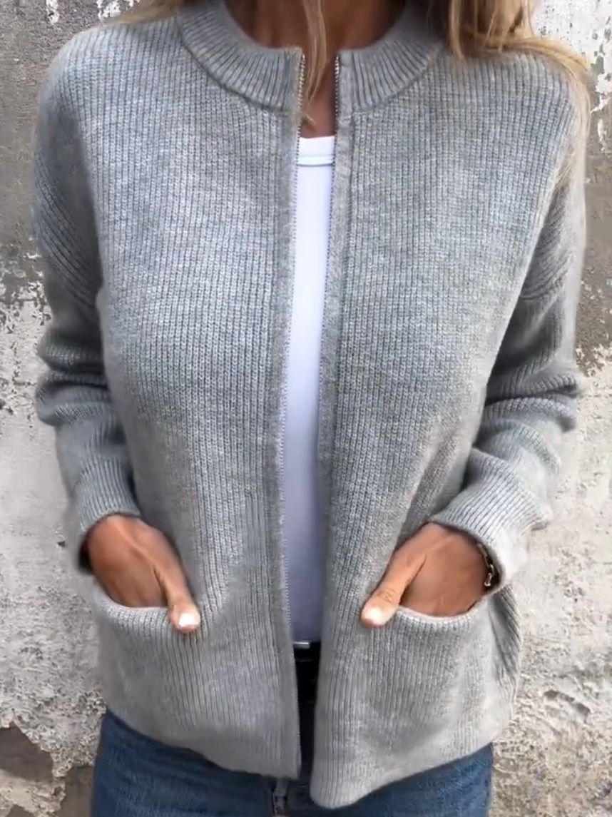 Women's Zip Up Ribbed Knit Cardigan – Collarless Bomber Style Knit with Pockets