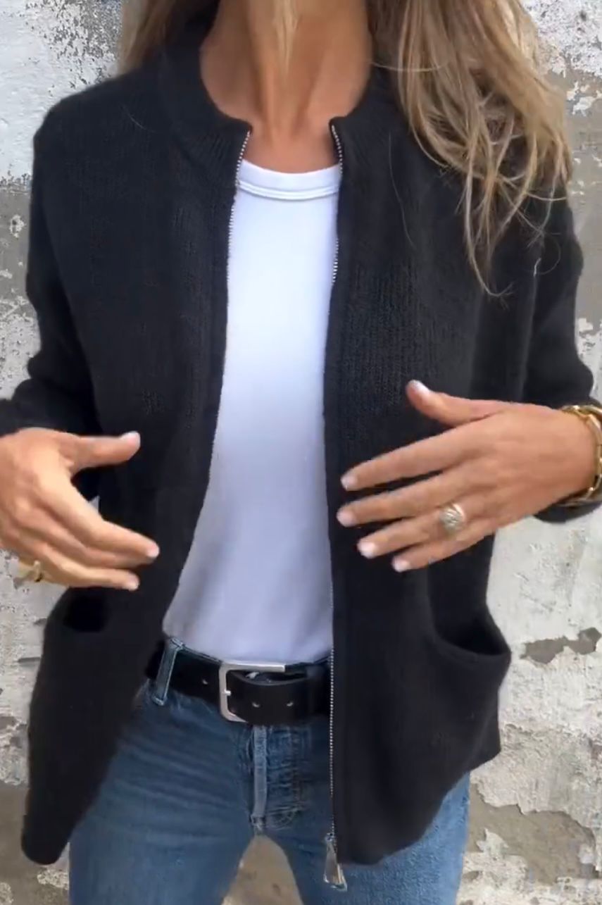Women's Zip Up Ribbed Knit Cardigan – Collarless Bomber Style Knit with Pockets