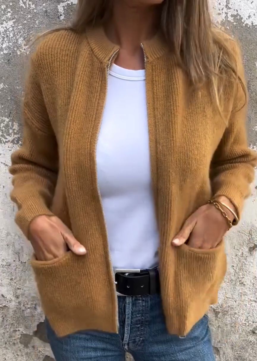 Women's Zip Up Ribbed Knit Cardigan – Collarless Bomber Style Knit with Pockets
